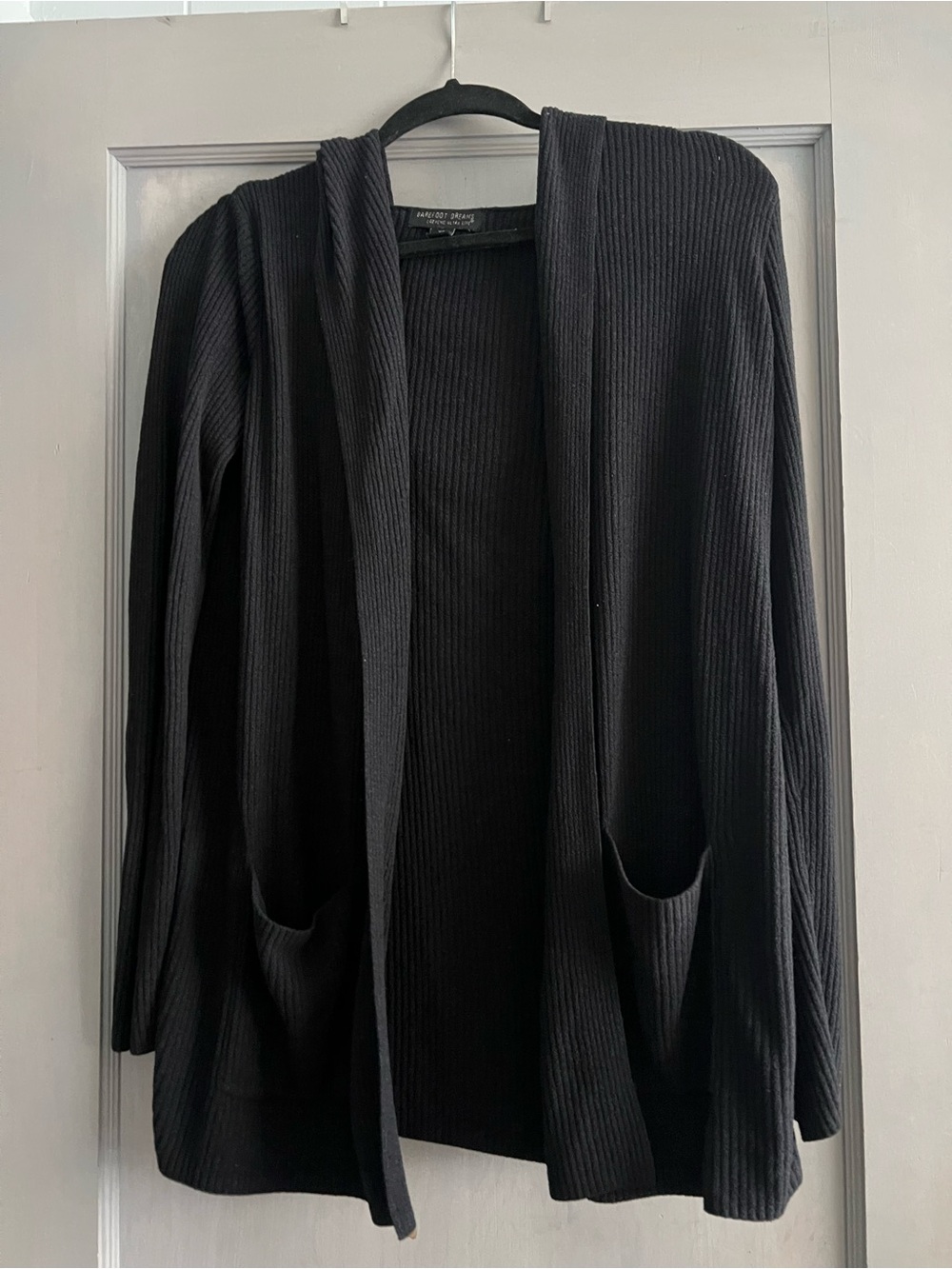 Barefoot Dreams Black Ribbed Open-Front Cardigan with Pockets